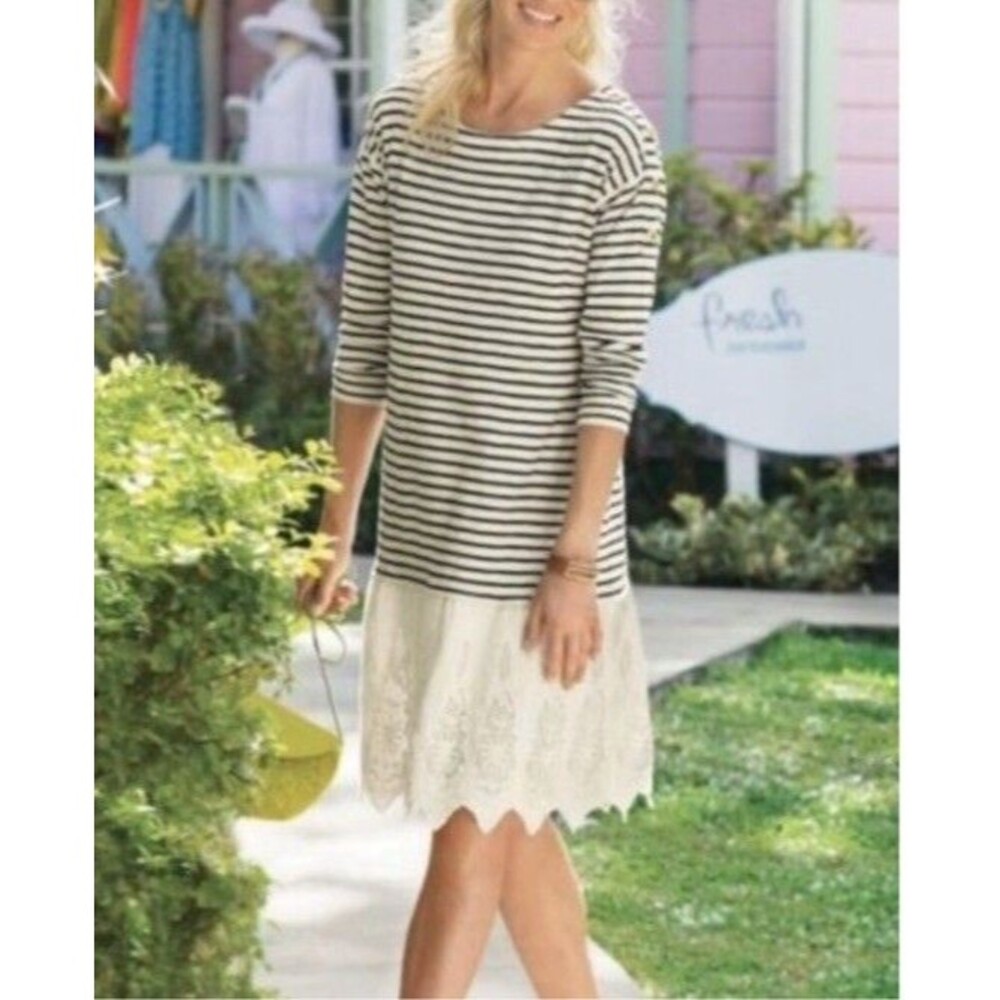 Soft Surroundings Left Bank Dress Womens Stripe Contrast Eyelet Lace Hem Size L